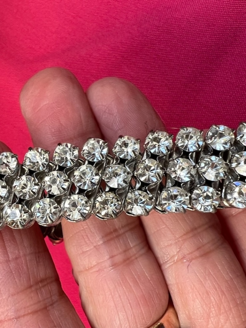 Vintage Rhinestone Stretch Bracelet Three Rows Unsigned